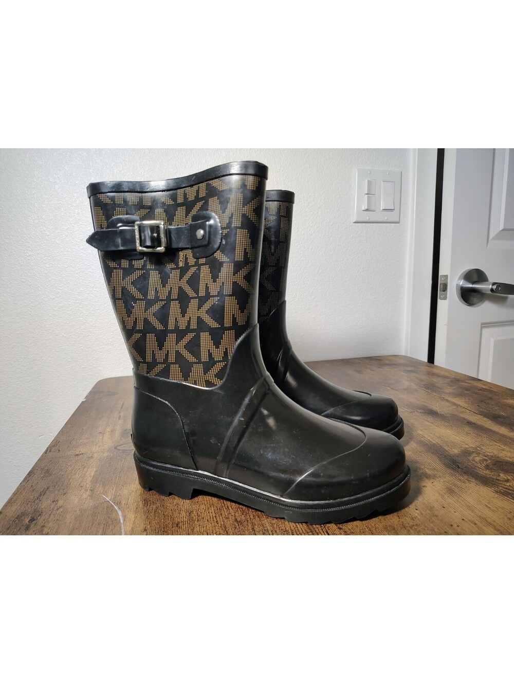 Michael Kors Montaigne Rain Boots Womens 8 M MK Monogram Black Brown NWOB